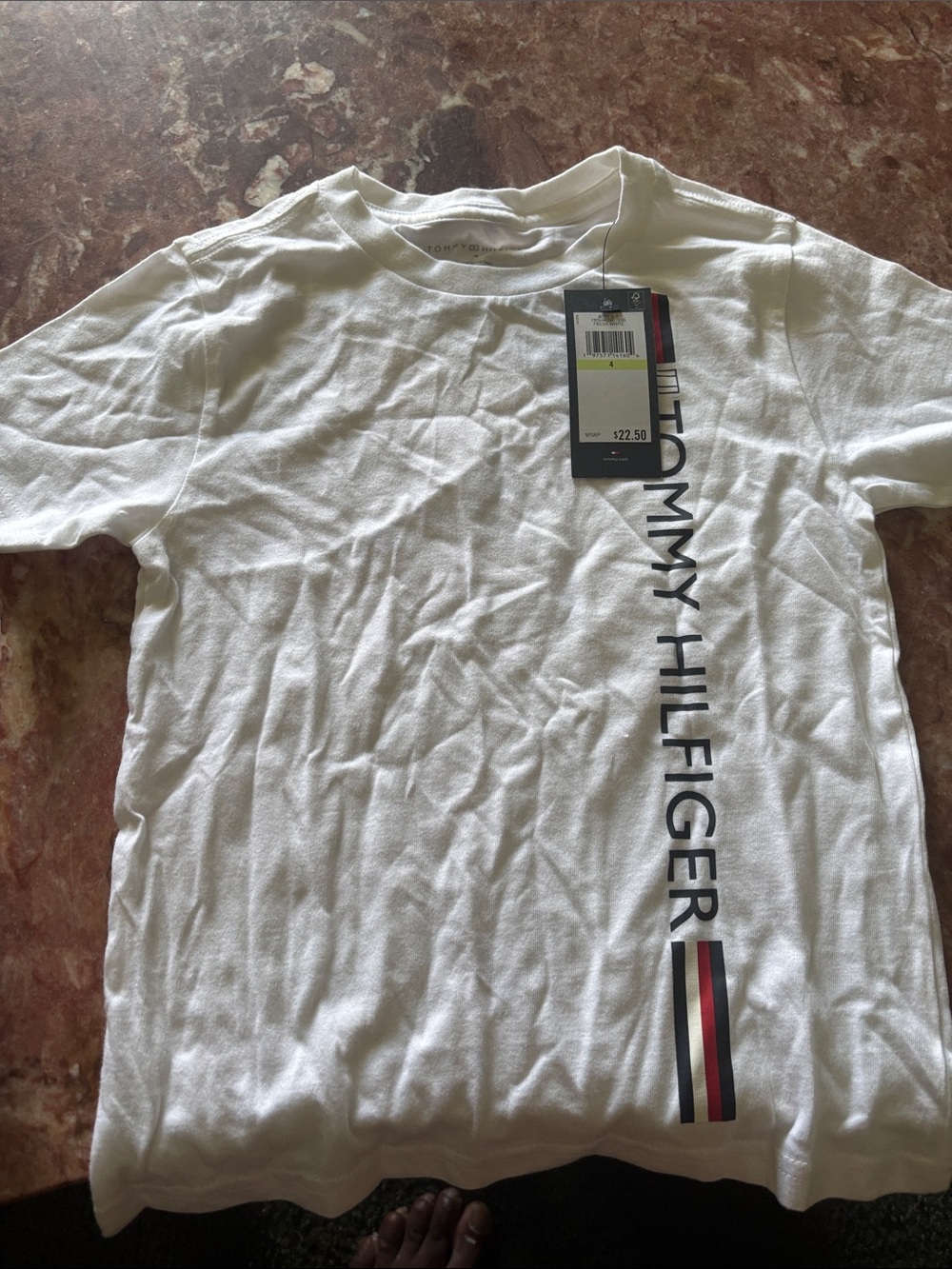 Tommy Hilfiger White Short Sleeve Tee with Vertical Logo and Red & Navy Stripe